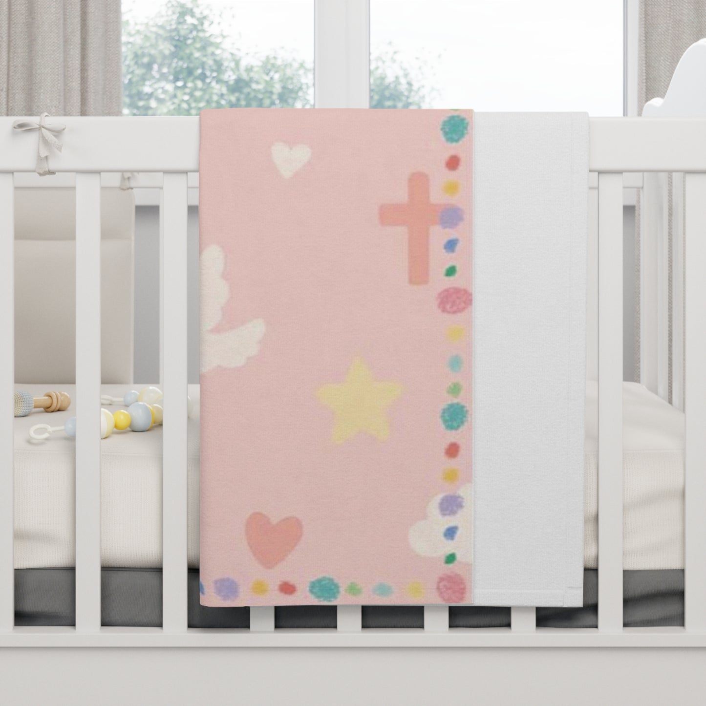 Pink Christian Baby Blanket – Dove, Cross & Heart Pattern | Faith-Inspired Gift for Girls | Cozy Nursery Blanket by Giggles & Grace