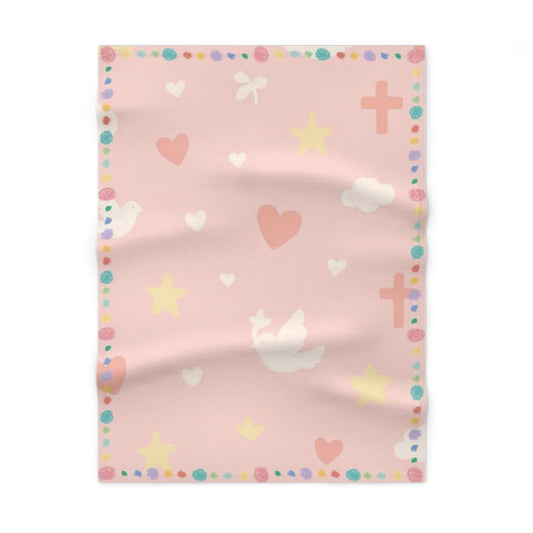 Pink Christian Baby Blanket – Dove, Cross & Heart Pattern | Faith-Inspired Gift for Girls | Cozy Nursery Blanket by Giggles & Grace