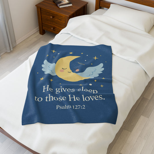 Christian Baby Blanket — "He Gives Sleep to Those He Loves" Velveteen Plush Nursery Throw