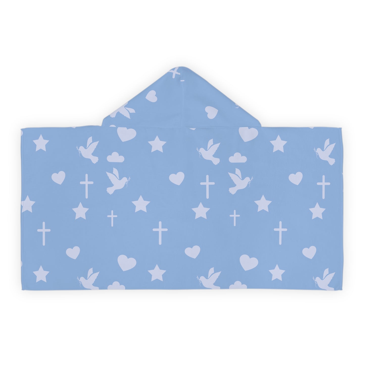 Kids Hooded Towel - Blue Baptism/Christening Pattern with Crosses, Doves & Hearts