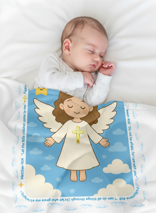 “Heaven’s Little Angel” Christian Angel Velveteen Plush Baby Blanket  with Prayer Verse