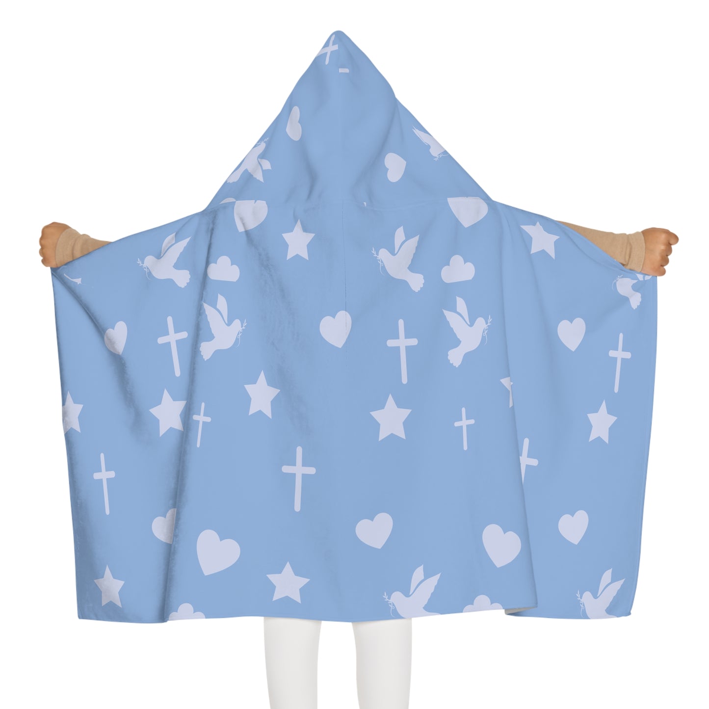 Kids Hooded Towel - Blue Baptism/Christening Pattern with Crosses, Doves & Hearts