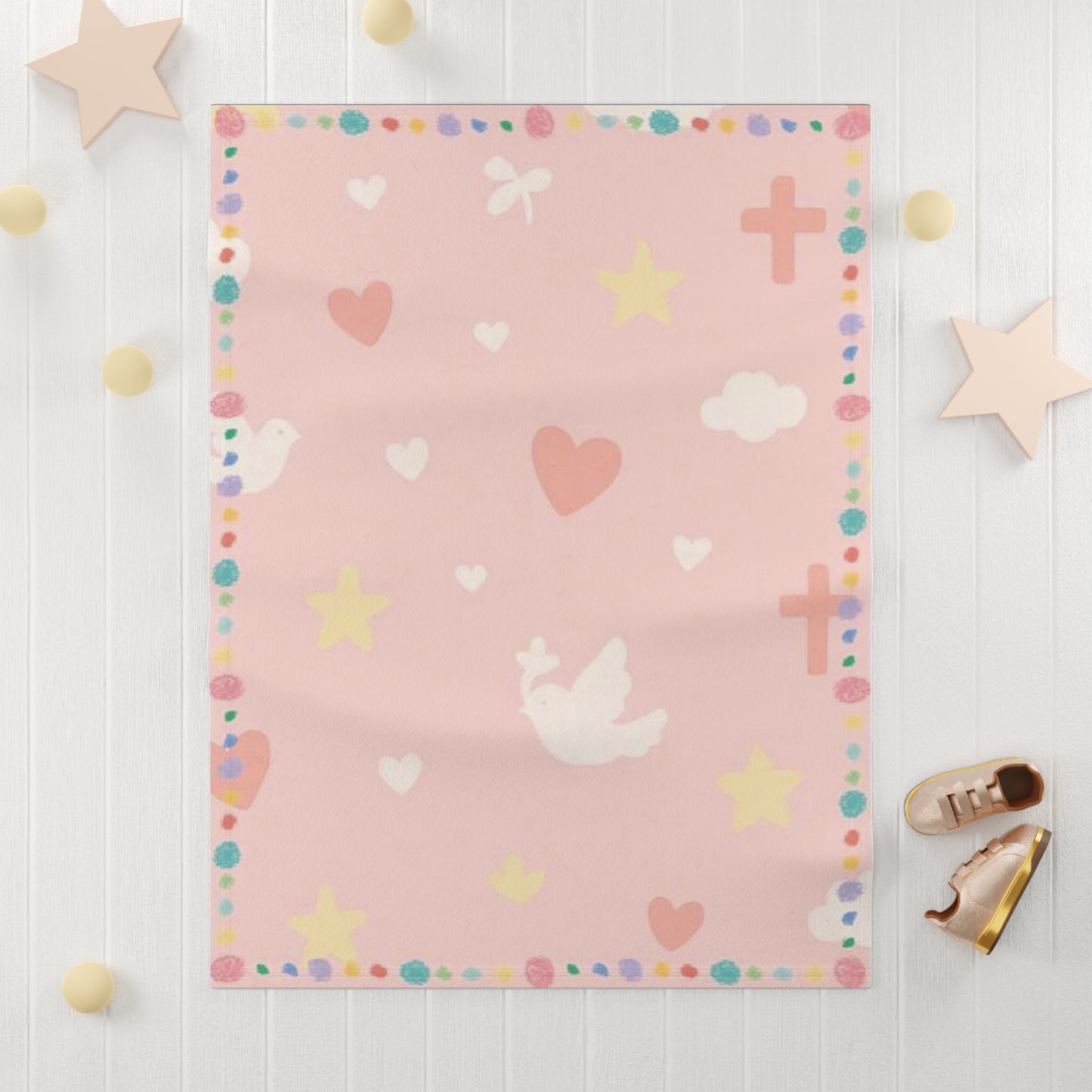 Pink Christian Baby Blanket – Dove, Cross & Heart Pattern | Faith-Inspired Gift for Girls | Cozy Nursery Blanket by Giggles & Grace