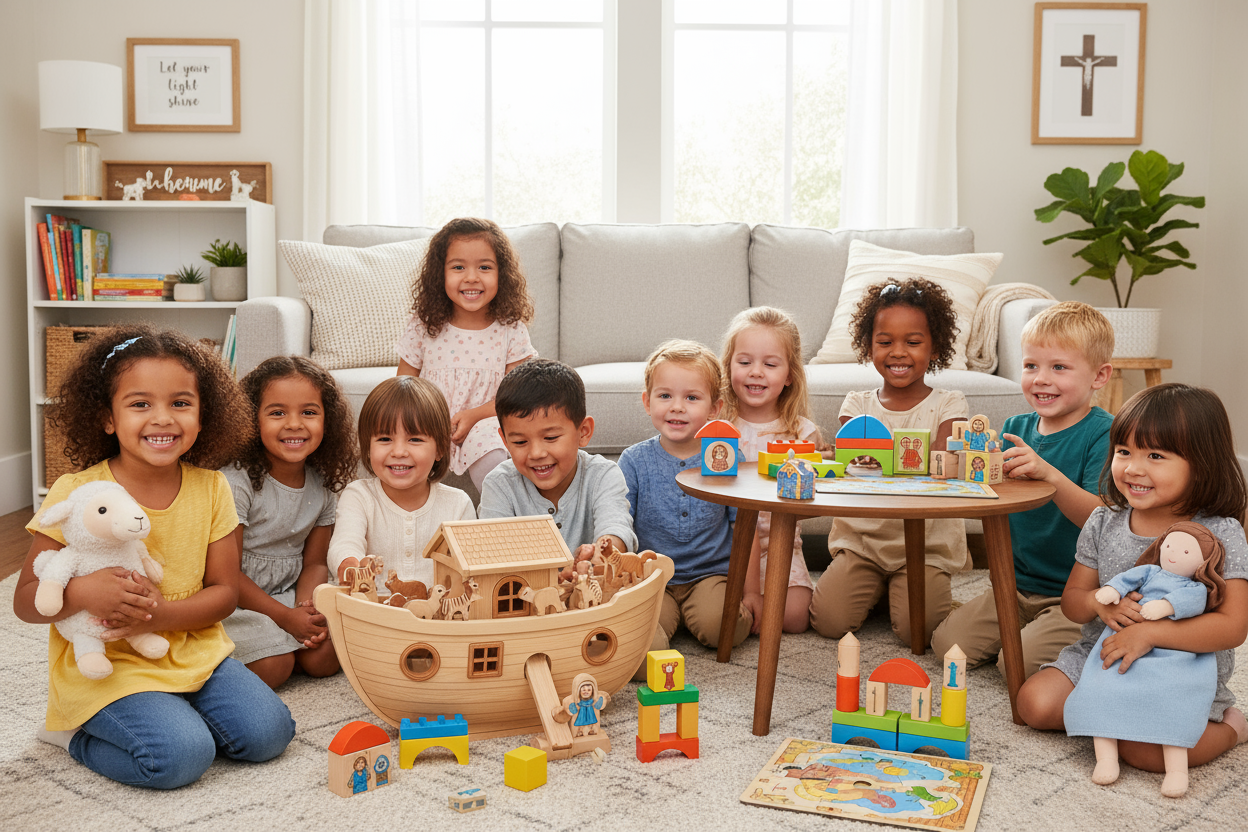 create a scene where children of various ages are playing with christian inspired toys